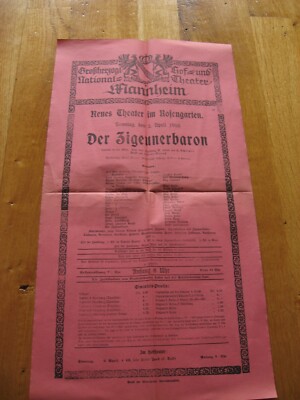 altes Programm National Theater Mannheim vom 2.4.1916 Der Zigeunerbaron