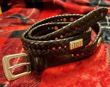 VTG Fossil Medium Black Woven Leather Belt Silver Concho Stations Medallions