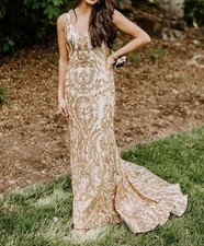 Alyce Paris Dress, Gold Sequin with Train, Size 2, Worn Once
