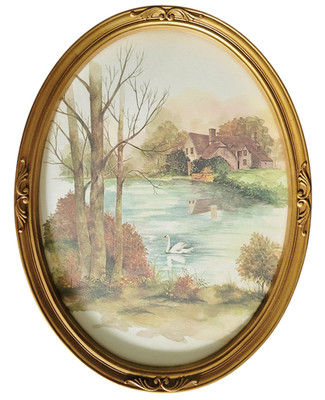 Vintage Homco Frank Massa Cottage Pond 13 x 17 Oval Watercolor Art Print