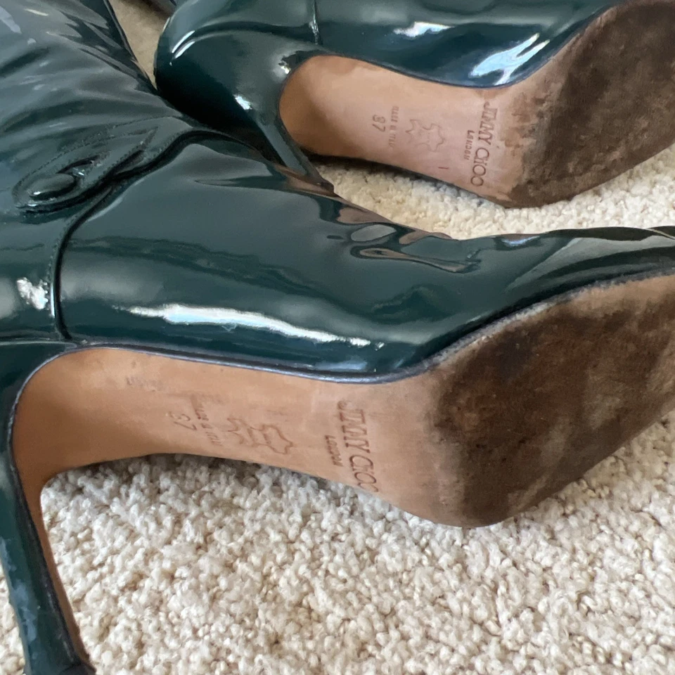 Jimmy Choo Bottle Green Patent Leather Knee High Pointed Toe Boot IT 37 - Image 4 of 4
