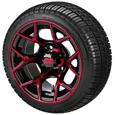 (4) Golf Cart 205/30-12 Deli Low Profile Tires on 12x7 Black/Red Ninja Wheels