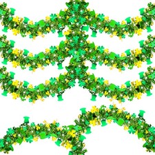 33FT St Patricks Day Tinsel Garland Gold Green Shamrock Hat Decor