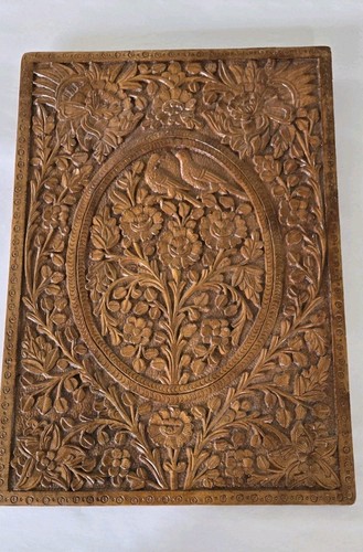 Indian Mideast Hand Carved Wood Panel Birds & Flowers Vtg 17.5x12.5 Inches