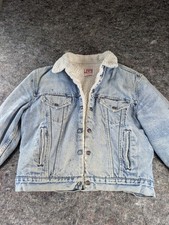 Levis Denim Trucker Jacket Sherpa Lined 80s Light Wash Distressed USA Size 44 R