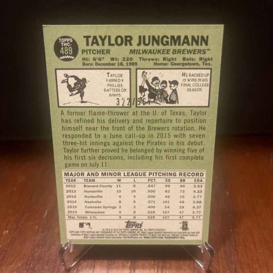 Taylor Jungmann 2016 Heritage Silver Chrome #d 322/567, card #489! Brewers! - Image 2 of 3