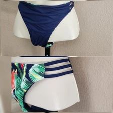 Reversible Strappy Bikini Swim Suit Bottom Navy Green Strappy Sides Small/Medium