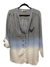 Indigo Rose Boho Blue White Striped Roll Tab 3/4 Top Plus Size 1X