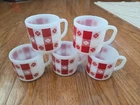 Lot 5 Vintage Retro Federal Red Checkered Plaid Milk Glass 10oz Coffee Mugs Cups