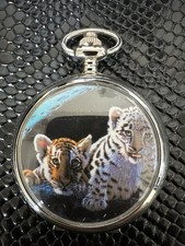 Calvin Hill Quartz Tiger White Leopard Cub Pocket Watch Silver Tone Animal Theme