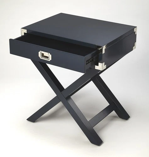 Modern Campaign Style Blue Side Table with Drawer - Picture 2 of 5