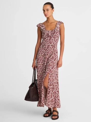 Madewell Floral Ruffled Scoopneck Maxi Dress NWOT Size 10 Burgundy White