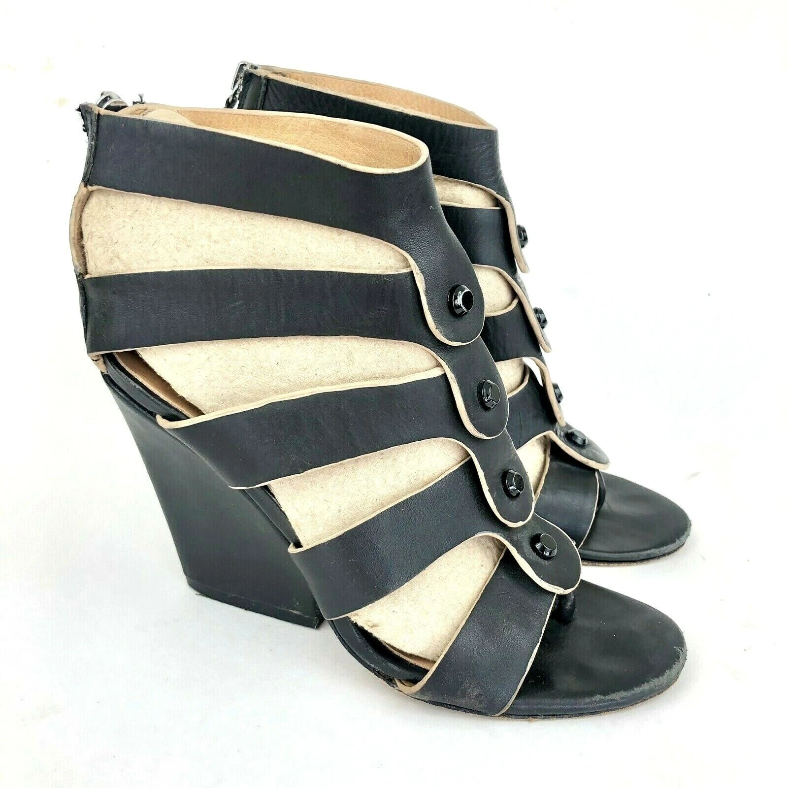 MBT L.A.M.B. Black + Tan Leather Gladiator Wedge High Heel Strap Sandal Womens 7.5