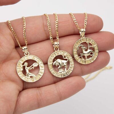 1'' Zodiac Pendant Necklace Real 10K Yellow Gold All Sizes