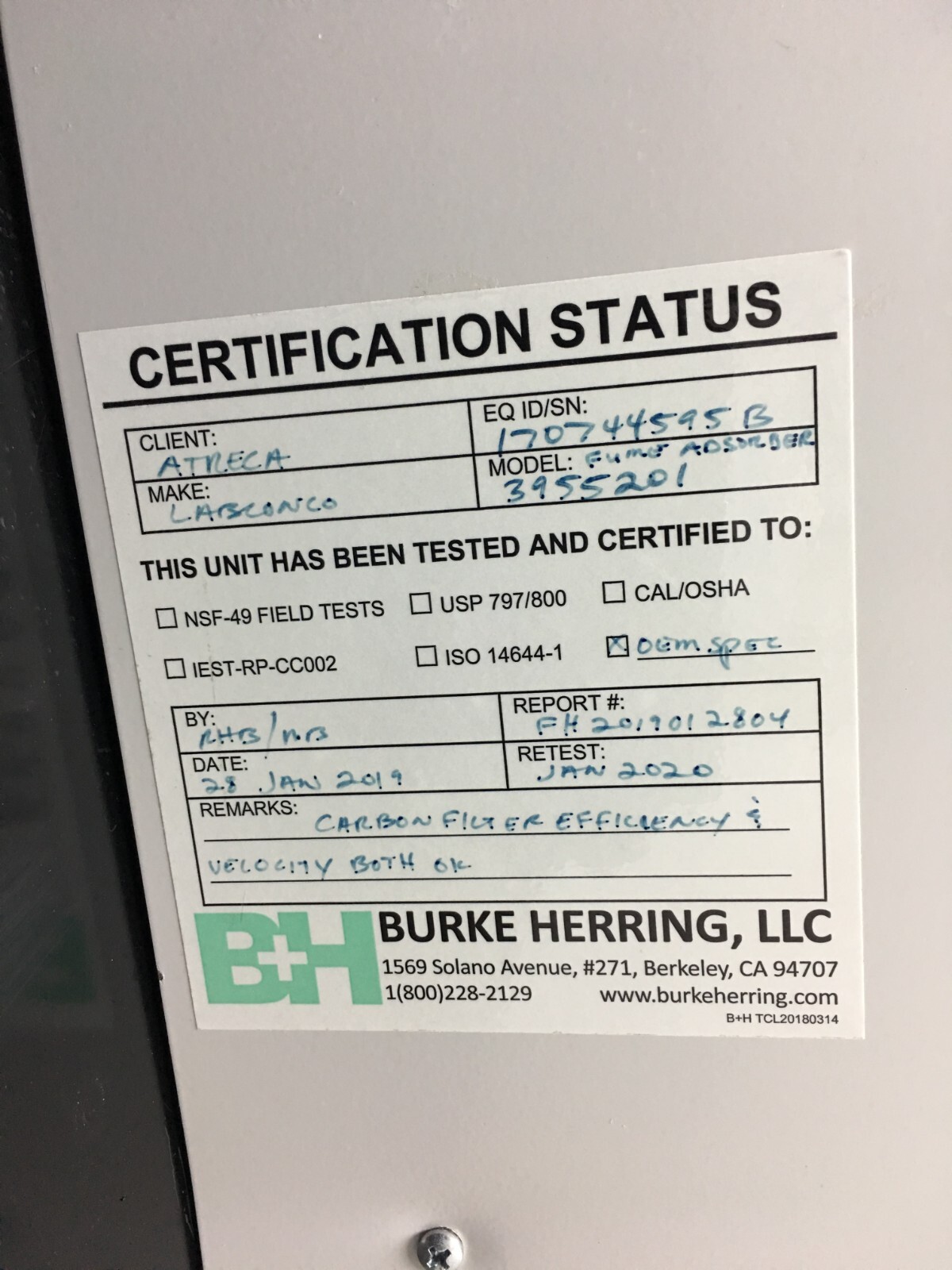 LABCONCO Cat No 3955201 Fume Adsorber Single-Filter Absorber 30" with WARRANTY