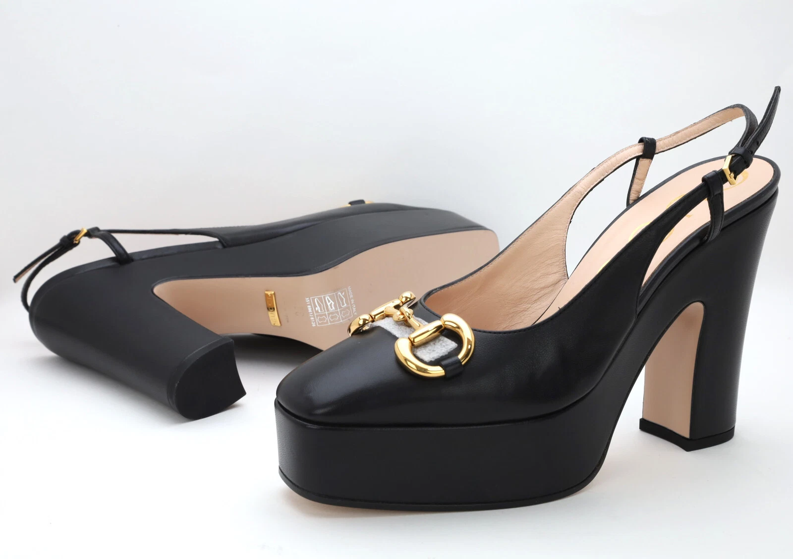 Gucci Horsebit Escarpin Plateforme Cuir Noir Slingback Femme EU 38   US 8