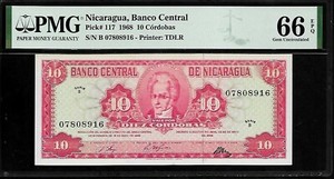 Nicaragua 10 Cordobas 1968 PMG 66 EPQ UNC P # 117, Series B