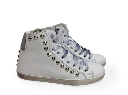 VIA CONDOTTI Sneakers Alte Uomo Donna In Pelle Bianco/Grigio Sfumato Con Borchie A Cono - 2