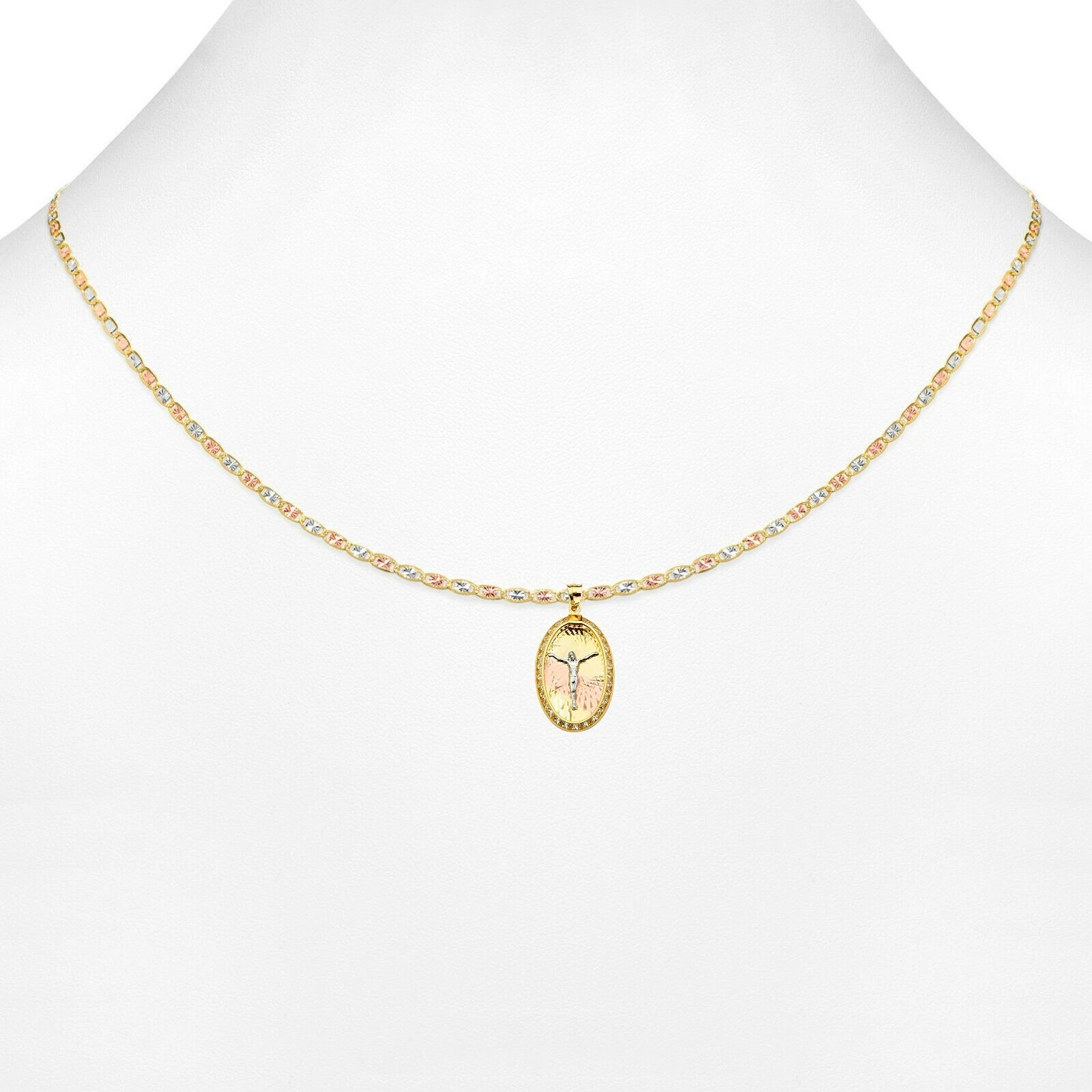 Ciondolo Gesù in vero oro 14 kt tricolore unisex zirconi catena Valentino