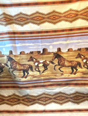 Vtg Southwest Blanket Running Galloping Horses Theme Twin Throw USA