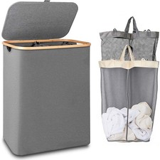 Double Compartment Laundry Basket with Lid, Large Fabric Hamper Removable Bags