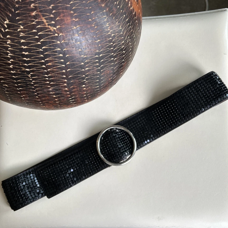 Whiting & Davis Style Belt Black Metal Mesh & Leather Silver Buckle DISCO 70's - Image 2 of 4