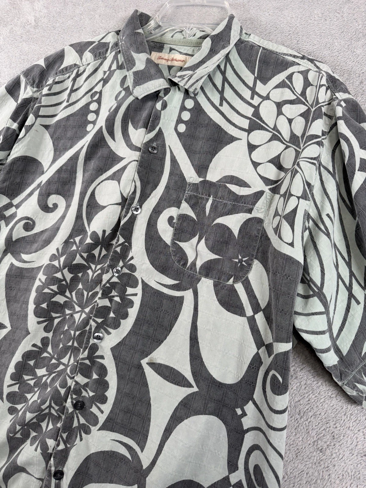 Tommy Bahama Silk Green Textured Check Floral Shirt Mens XL