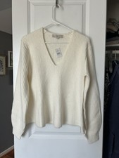 NWT Loft Women's Ribbed Peplum Sweater White V Neck Size Small