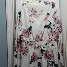 Women's White Pink Green Floral Shift Dress V-Neck Long Sleeve Smocked 2XL