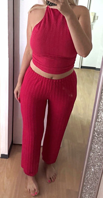 SheIn Damen 2-tlg Outfit-Set Rosa Neckholder Crop-Top ärmellos Hose M