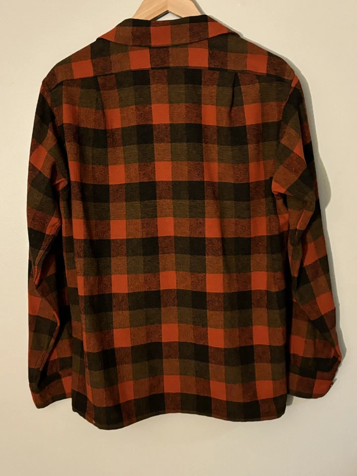 Camisa de tabla vintage de los años 60 Pendleton para hombre mediana naranja a cuadros lana pura cuello lazo Foto 2 de 4