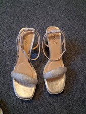 New Badgley Mischka Silver Rhinestone Square Toe Ankle Strap Block Heel 8.5