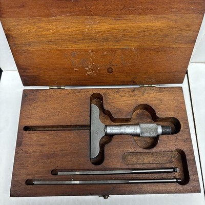 L.S. Starrett Tools USA Depth Micrometer Gauge 449 in Original Wood Case w/ Rods