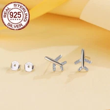 Women Solid 925 Sterling Silver Airplane Stud Earrings Cubic Zircon Jewelry Gift