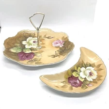 Vintage Lefton Heritage Rose Brown Tidbit Serving Tray w/ Handle & Bone Dish