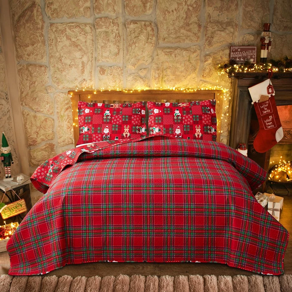 Christmas Quilt Set King Size Bedding Reversible Red Green Christmas Plaid Pa... - Image 3 of 4