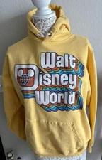 Vintage Style Walt Disney World Hoodie Size L Yellow Sweatshirt Retro Logo 70s