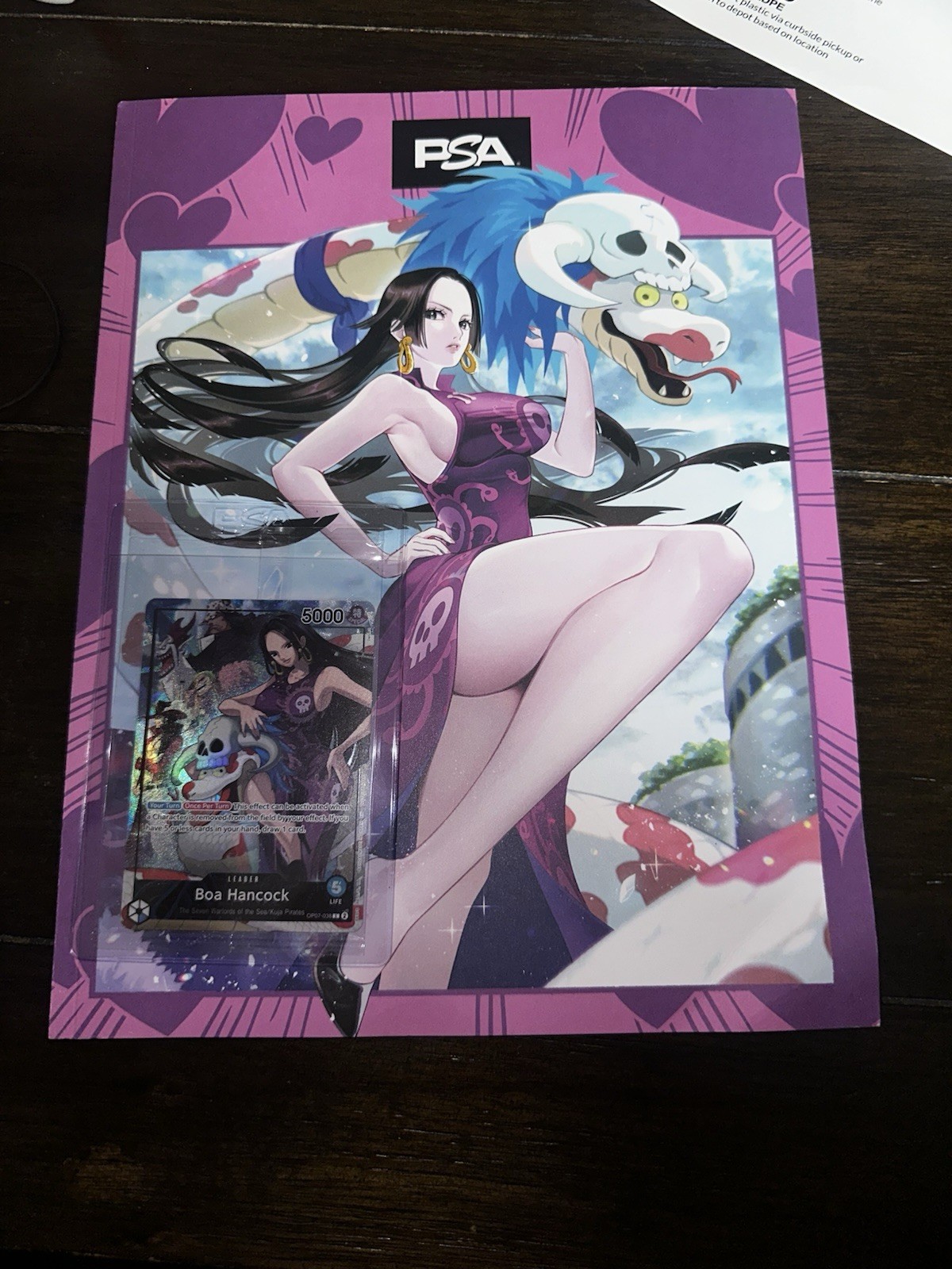 Boa Hancock (Foil Promo) One Piece TCG Card OP07-038 and PSA Magazine March 2025