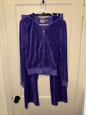 Juicy Couture Velour Zip Up Hoodie Low Rise Straight Wide Leg Pants Purple Large