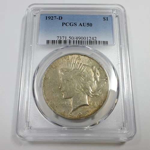 1927 D PCGS AU50 - Toned Silver Peace Dollar $1 US Coin #56081B