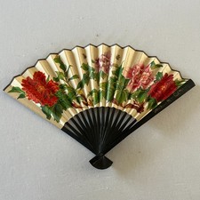 Vintage Wooden  Paper Hand Fan Fold Up 1950-1960s Japan Floral