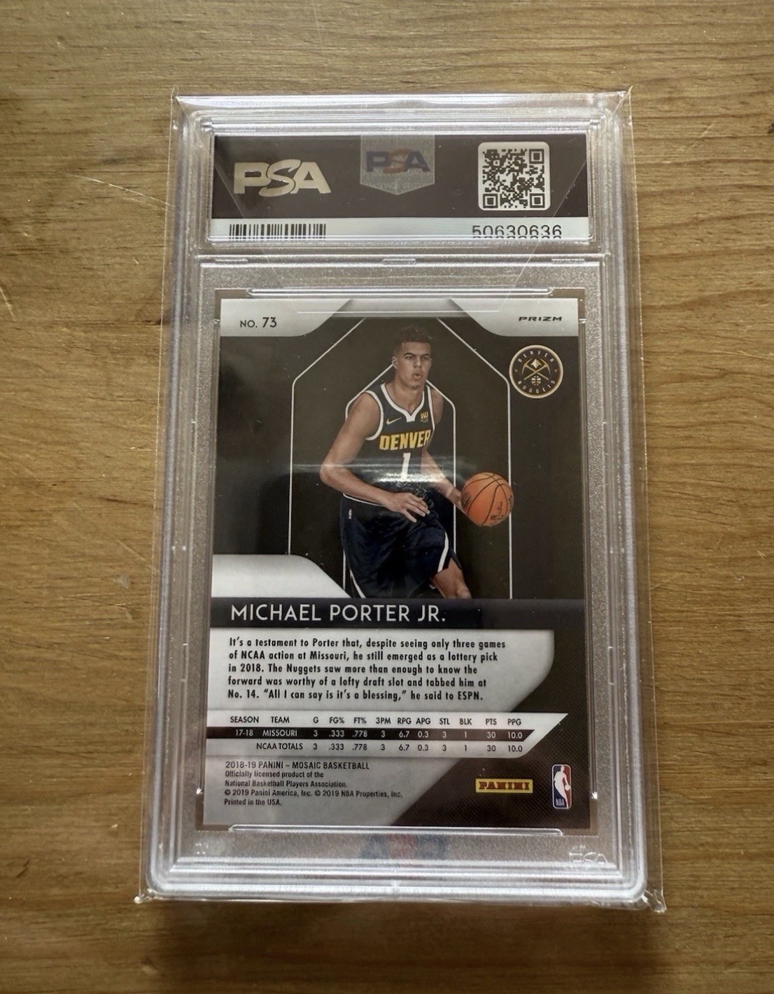 2018-19 Panini Mosaic Prizm #73 Michael Porter Jr. RC Rookie PSA 10 GEM MINT view 2