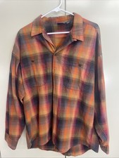 Vtg Bon Homme 100% Cotton Plaid Button Shirt Tan/Orange/Red/Gray USA Made L