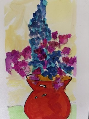Flowers Bright Red Contemporary Blue Orig Art Painting By Artist, Free Shipping