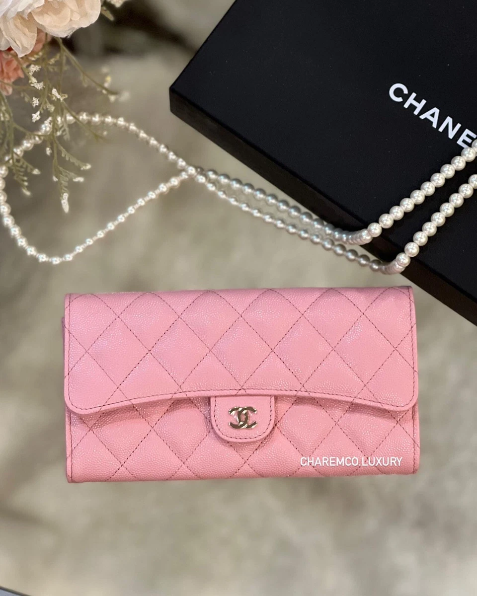 🦄SO PRETTY! 22C Chanel Sakura Pink Full Size Flap Wallet Grained Caviar  GHW🦄