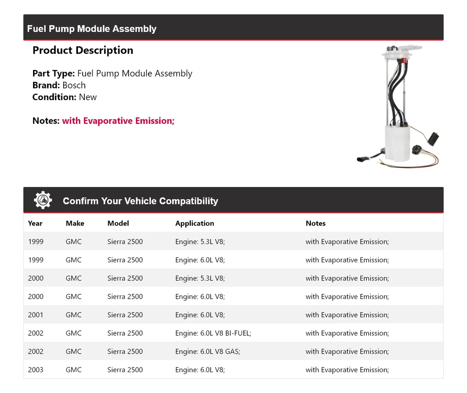 适用于 1999 - 2003 年 GMC Sierra 2500 博世燃油泵模块组件 2000 2001 2002 — 第 2/4 张图片