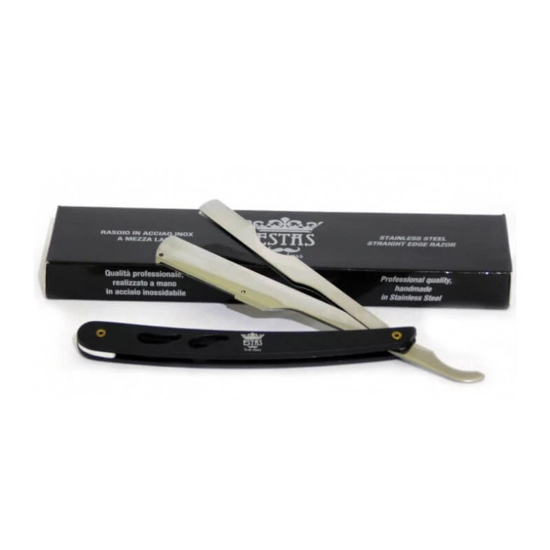 rasoio a mano libera da barba in acciaio inox mezza lama nero argento mezze lame - Immagine 2 di 4