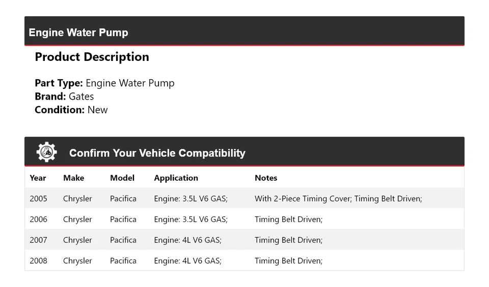 Puertas de bomba de agua para motor Chrysler Pacifica 2005-2008 2006 2007 Foto 2 de 4
