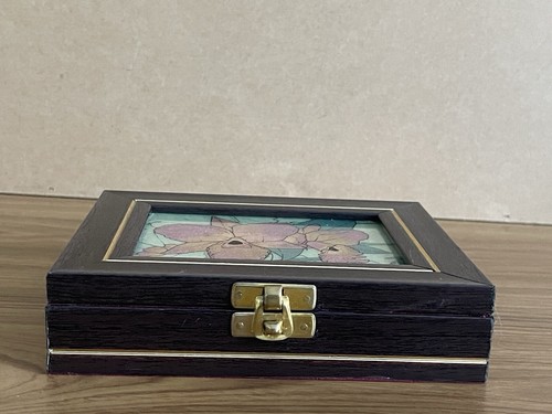 Vintage Wood Glass Jewellery Box Brown Trinket Case 17x14x4cm Great Condition - Picture 11 of 11