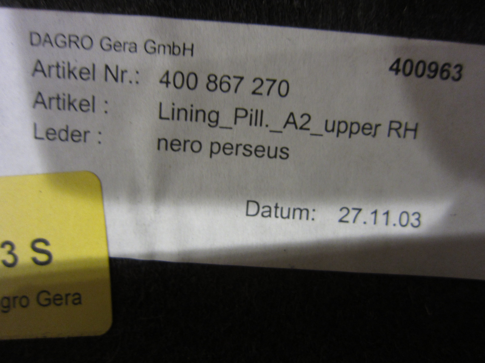 Lamborghini Gallardo - RH Upper A-Piilar Cover - Black - P/N 400867270